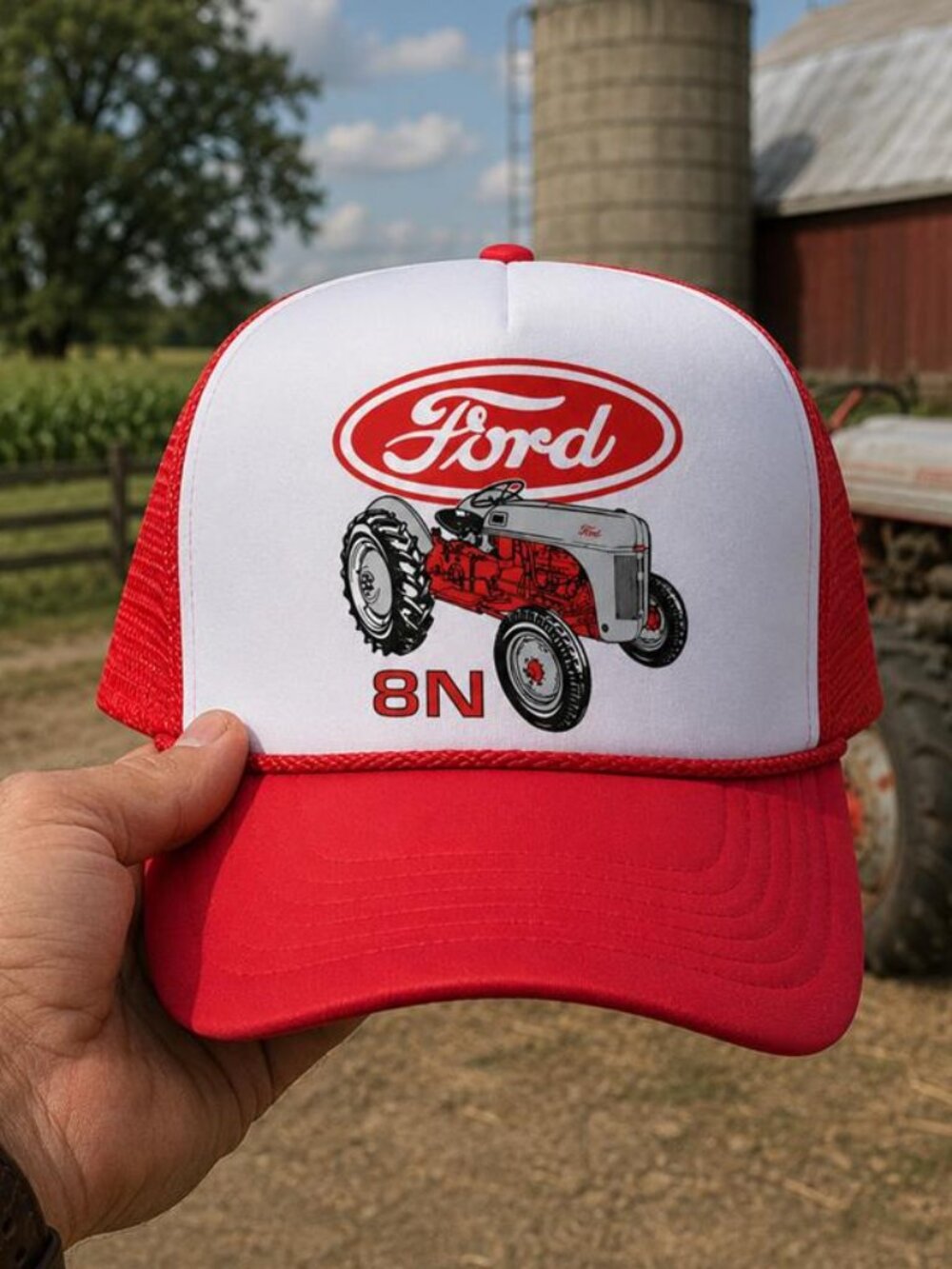 Ford 8N Tractor Hat - Vintage Foam Trucker Cap - Red Mesh Snapback - USA Printed